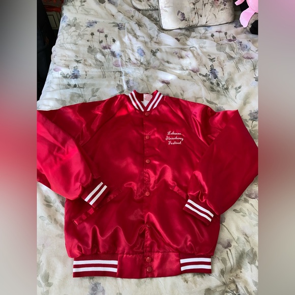 Vintage 80s Red Satin Varsity Jacket Cardinal USA - Picture 1 of 16